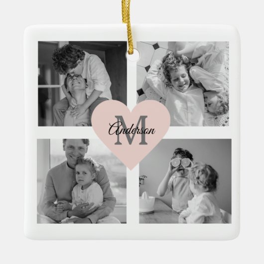 Trendy Family Photo Initiaal met roze hart Keramisch Ornament (Voorkant)
