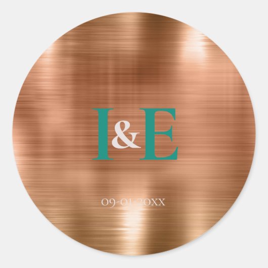 Trendy Faux Copper Folie Blauwgroen tekst bruiloft Ronde Sticker (Voorkant)
