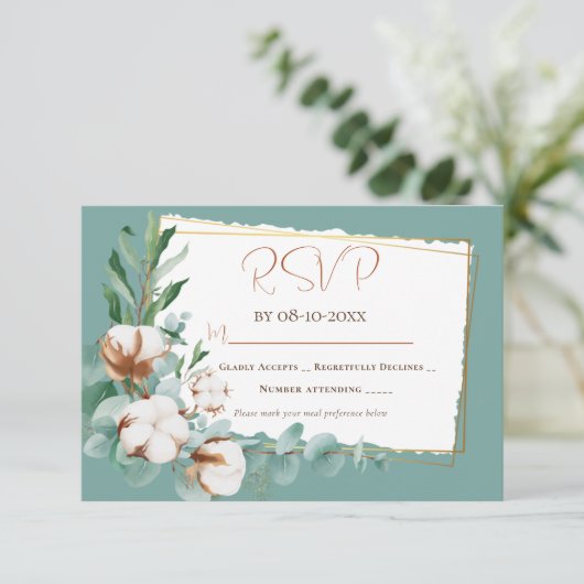 Trendy Faux Copper White Floral Bouquet Wedding RSVP Kaartje (Staand voorkant)