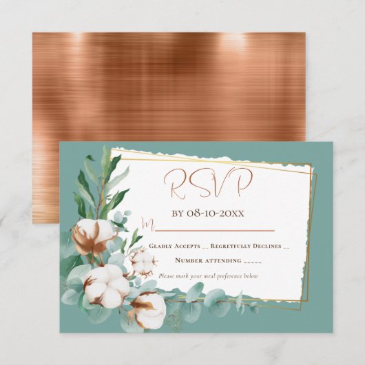 Trendy Faux Copper White Floral Bouquet Wedding RSVP Kaartje (Voorkant / Achterkant)