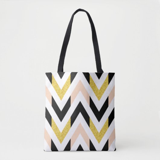 Trendy Faux Glitter Gold, Black, White Chevron Tote Bag (Voorkant)