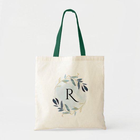 TRENDY FAUX GOLD BLUE FOLIAGE WATERVERF MONOGRAM TOTE BAG (Voorkant)