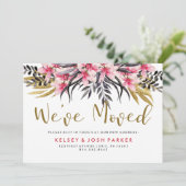 Trendy Faux Gold Glitter en Flowers New Address Aankondiging (Staand voorkant)