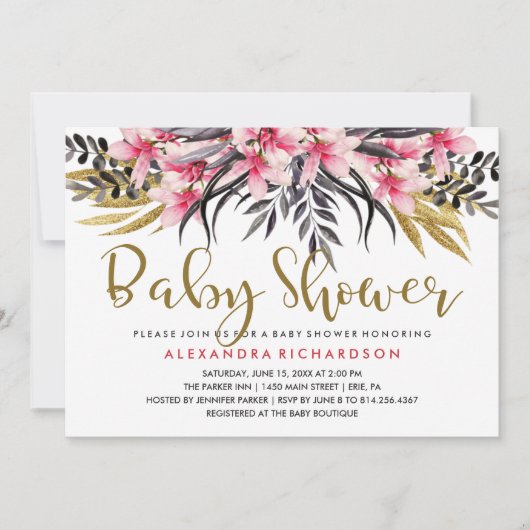 Trendy Faux Gold Glitter Floral Baby shower Kaart (Voorkant)