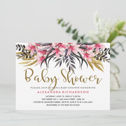 Trendy Faux Gold Glitter Floral Baby shower Kaart (Staand voorkant)