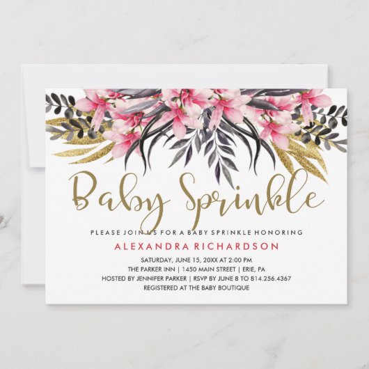 Trendy Faux Gold Glitter Floral Baby Sprinkle Kaart (Voorkant)