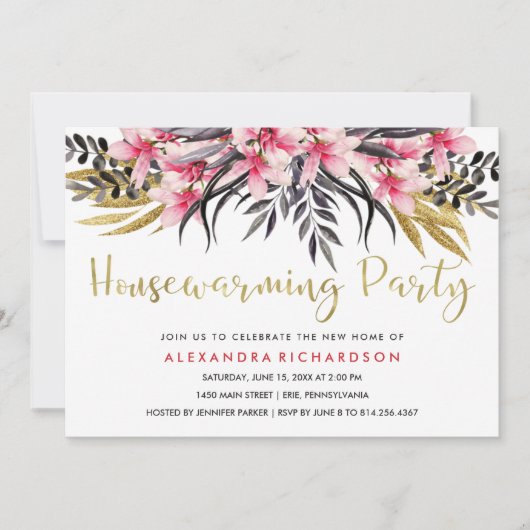 Trendy Faux Gold Glitter Floral Housewarming Party Kaart (Voorkant)