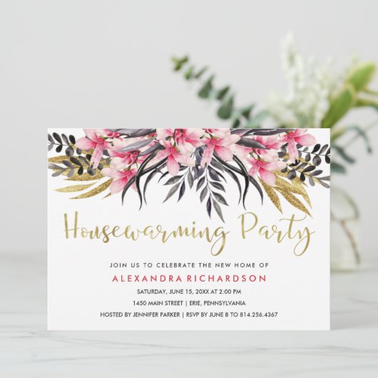 Trendy Faux Gold Glitter Floral Housewarming Party Kaart (Staand voorkant)