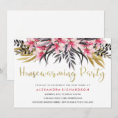 Trendy Faux Gold Glitter Floral Housewarming Party Kaart (Voorkant / Achterkant)