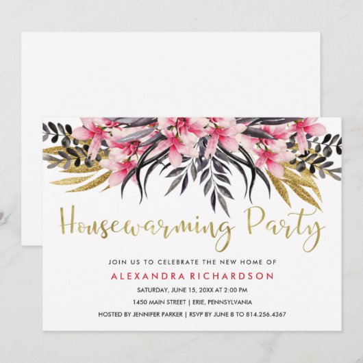 Trendy Faux Gold Glitter Floral Housewarming Party Kaart (Voorkant / Achterkant)