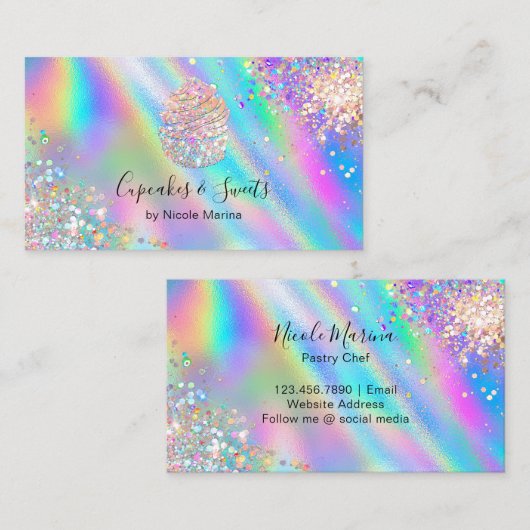 Trendy Faux Holografische Regenboog Glitter Cupcak Visitekaartje (Voorkant / Achterkant)