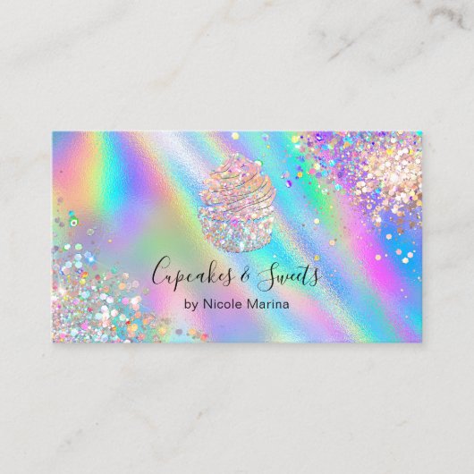 Trendy Faux Holografische Regenboog Glitter Cupcak Visitekaartje (Voorkant)