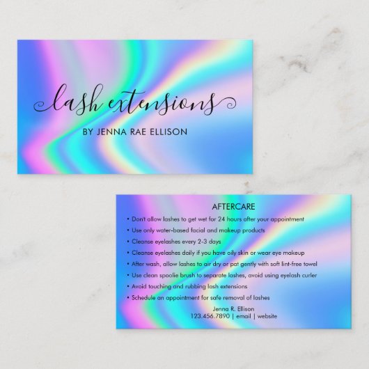 Trendy Faux Holographic Lash Aftercare Instruction Visitekaartje (Voorkant / Achterkant)