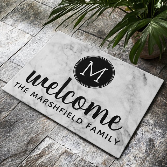 Trendy Faux Marble met Custom Family Monogram Deurmat (Custom Welcome Mat)