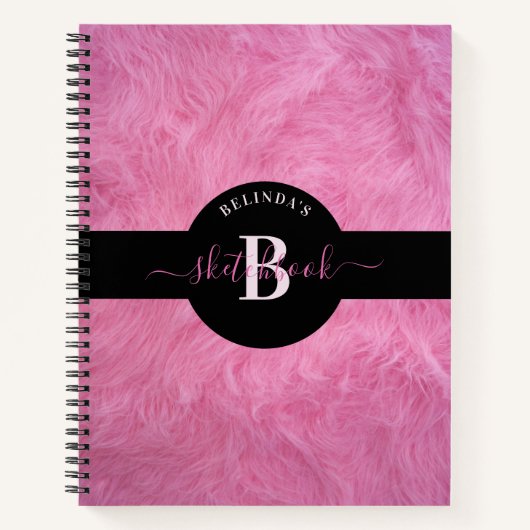 Trendy Faux Pink Fur Girly Monogram Sketchbook Notitieboek (Voorkant)