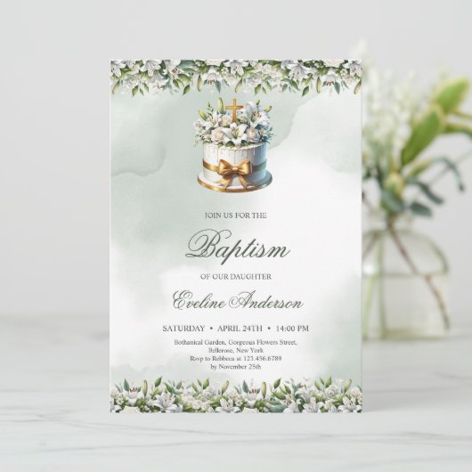 Trendy feestelijke taart gouden kruis lelies Doop Kaart (Staand voorkant)