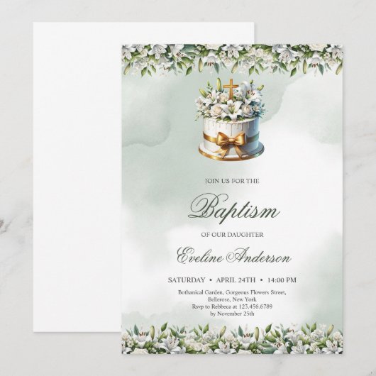 Trendy feestelijke taart gouden kruis lelies Doop Kaart (Voorkant / Achterkant)