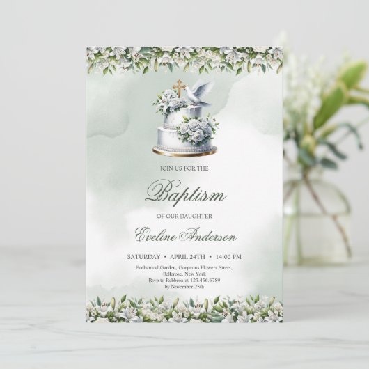 Trendy feestelijke taart gouden kruisduif Doop Kaart (Staand voorkant)