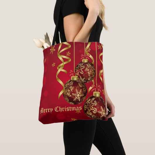 Trendy Festive Red- en gouden kerstversieringen Tote Bag (Dichtbij)