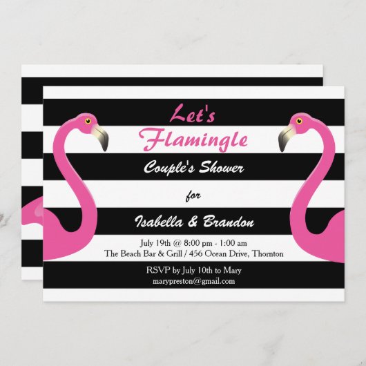 Trendy Flamingo Couple's Douche Uitnodiging (Voorkant / Achterkant)