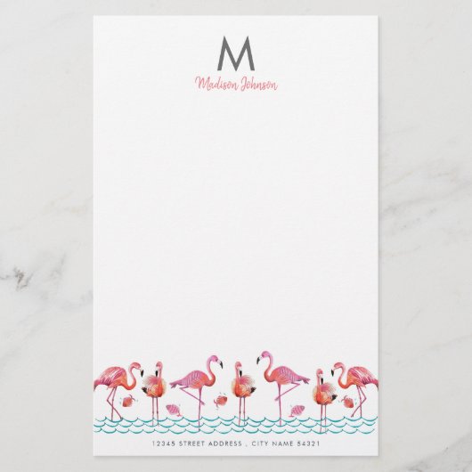Trendy flamingo roze en blauwe vogels monogram tek briefpapier (Voorkant)