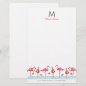 Trendy flamingo roze en blauwe vogels monogram tek briefpapier (Voorkant / Achterkant)