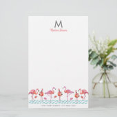Trendy flamingo roze en blauwe vogels monogram tek briefpapier (Staand voorkant)