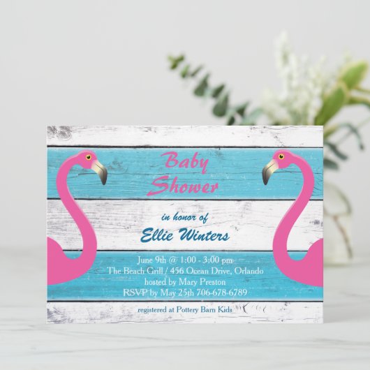 Trendy Flamingo Striped Baby shower Invitation Kaart (Staand voorkant)
