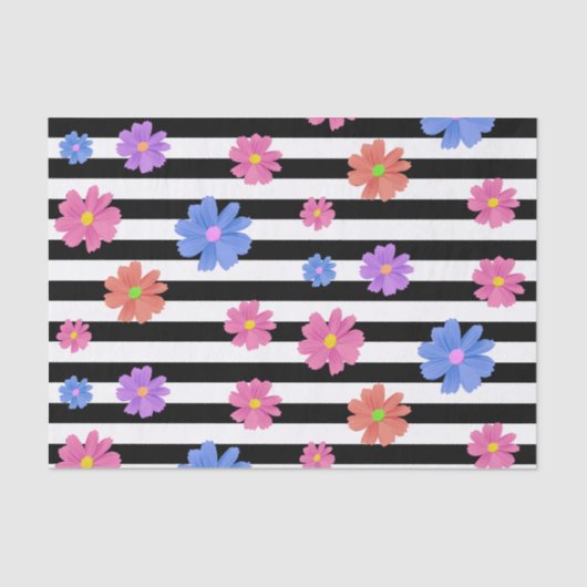 Trendy Floral Black & White Stripes gepatterd Tissuepapier (Voorkant)
