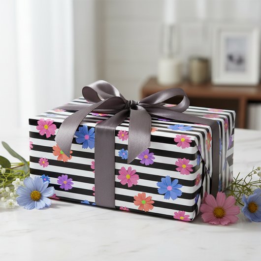 Trendy Floral Black & White Stripes Pattern Inpakpapier Vel