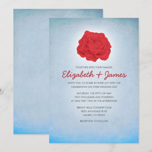 Trendy Floral Blue en Red Wedding Invitations Kaart (Voorkant / Achterkant)