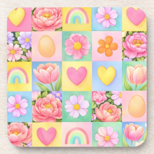 Trendy Floral Checkerboard Spring Pattern Bier Onderzetter (Voorkant)