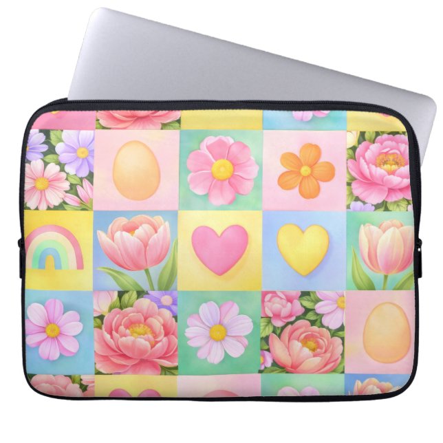 Trendy Floral Checkerboard Spring Pattern Laptop Sleeve (Voorkant)