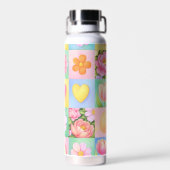 Trendy Floral Checkerboard Spring Pattern Waterfles (Achterkant)