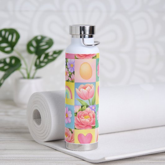 Trendy Floral Checkerboard Spring Pattern Waterfles (Yoga (Gedraaid)  )
