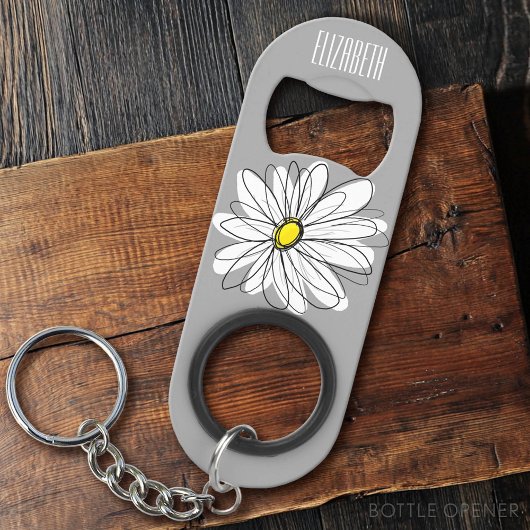 Trendy Floral Daisy met grijze gele douanenaam Sleutelhanger Flessenopener