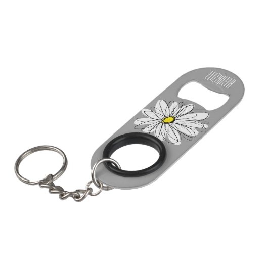 Trendy Floral Daisy met grijze gele douanenaam Sleutelhanger Flessenopener (Voorkant Gekanteld)