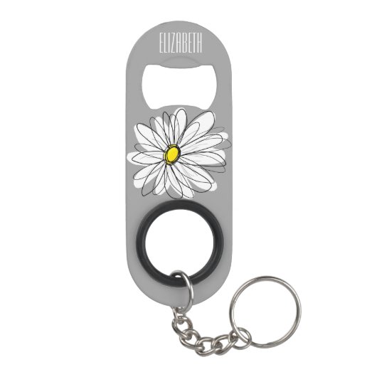 Trendy Floral Daisy met grijze gele douanenaam Sleutelhanger Flessenopener (Achterkant)