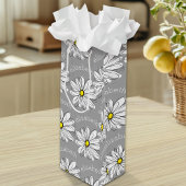 Trendy Floral Daisy met grijze gele douanenaam Wijn Cadeautas