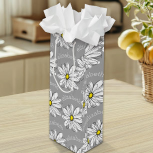Trendy Floral Daisy met grijze gele douanenaam Wijn Cadeautas