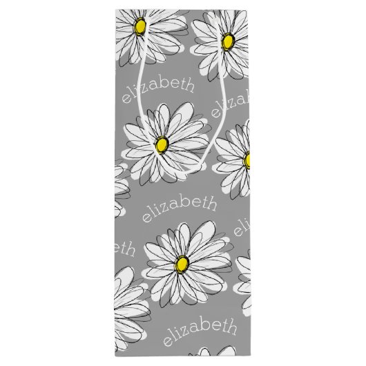 Trendy Floral Daisy met grijze gele douanenaam Wijn Cadeautas (Achterkant)
