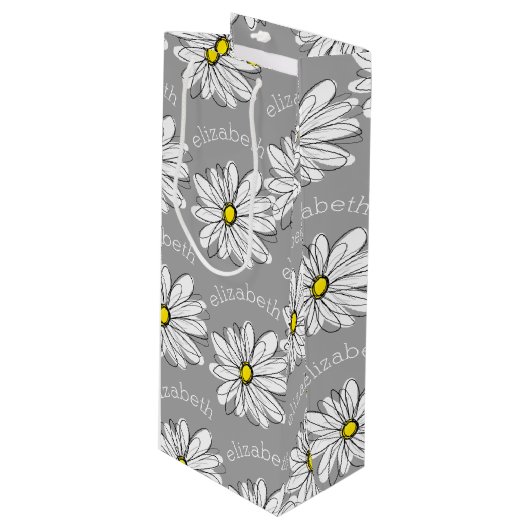Trendy Floral Daisy met grijze gele douanenaam Wijn Cadeautas (Voorkant Gekanteld)