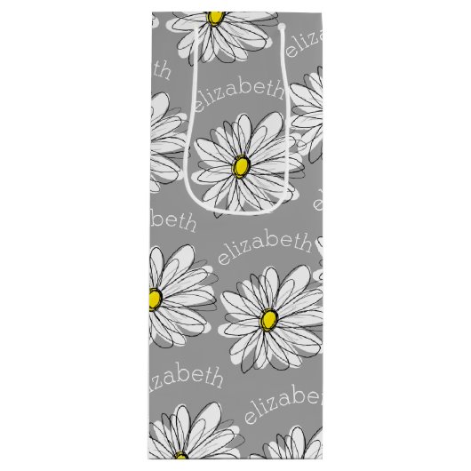 Trendy Floral Daisy met grijze gele douanenaam Wijn Cadeautas (Voorkant)