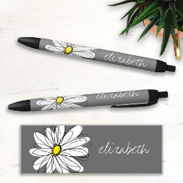 Trendy Floral Daisy met grijze gele douanenaam Zwarte Inkt Pen