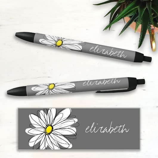 Trendy Floral Daisy met grijze gele douanenaam Zwarte Inkt Pen