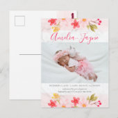 Trendy Floral Marble Photo Birth Announding Briefkaart (Voorkant / Achterkant)