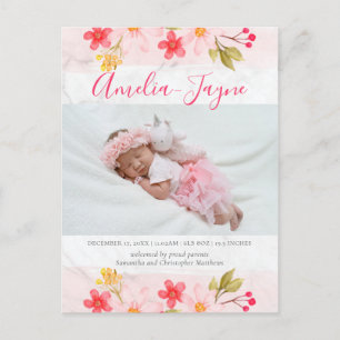 Trendy Floral Marble Photo Birth Announding Briefkaart