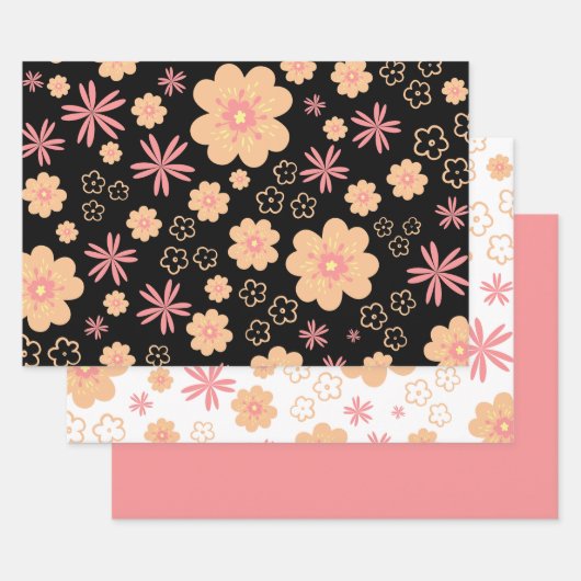Trendy Floral Pattern en Sweet Plain Pink Inpakpapier Vel (Set)
