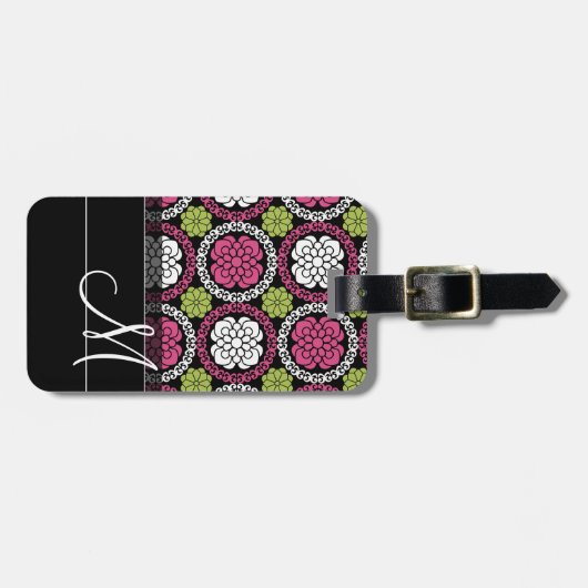 Trendy Floral Pattern Hot Pink and Black Monogram Bagagelabel (Voorkant horizontaal)