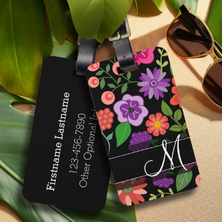 Trendy Floral Pattern Hot Pink and Black Monogram Bagagelabel